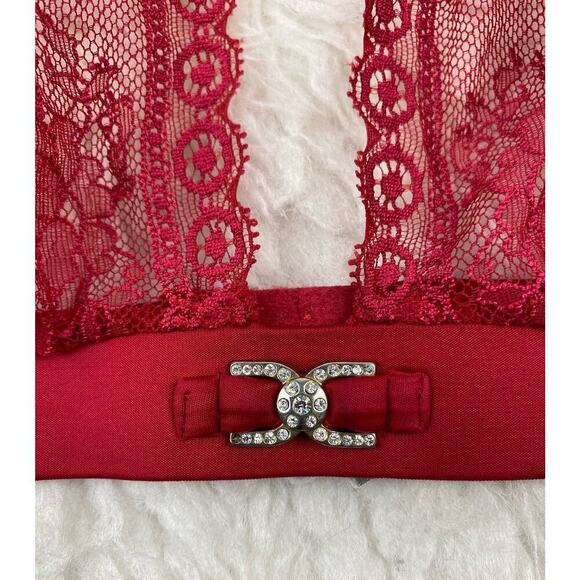 Victoria's Secret Women's 36C Red Satin Sheer Lace Rhinestone Triangle Bralette - Picture 6 of 6